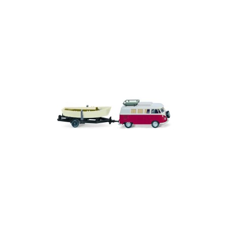 VW T1, Bus with boat on trailer - Wiking (H0)